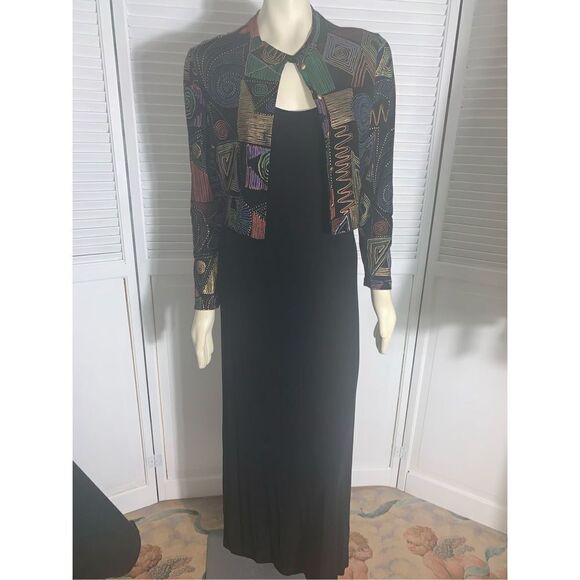 Vintage Two Piece Black Spandex Maxi Dress Abstract cropped Cardigan Sm/Med - Picture 8 of 13